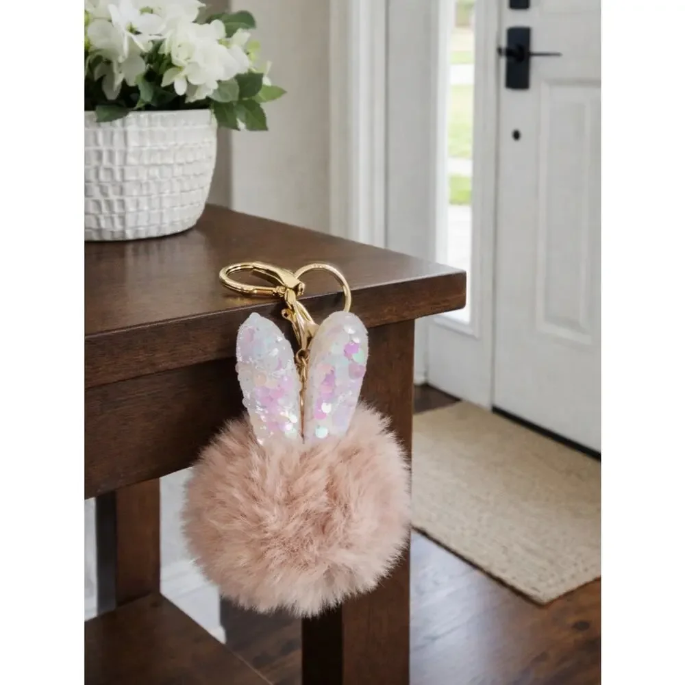 Fur Pom Pom Bunny Ear Tan Bag Charm Key Chain New